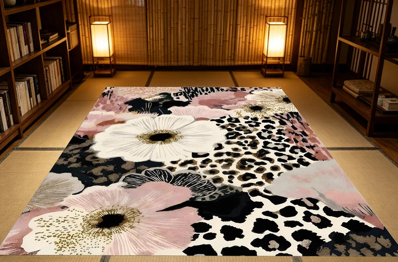 Abstract Floral Area Rug - Black & White Ink Style Pattern, Multiple Sizes