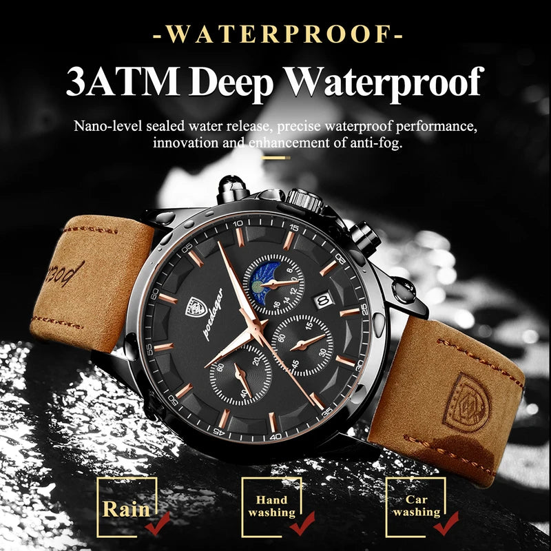 Luxury Waterproof Chronograph Men's Watch with Luminous Date and Leather Strap