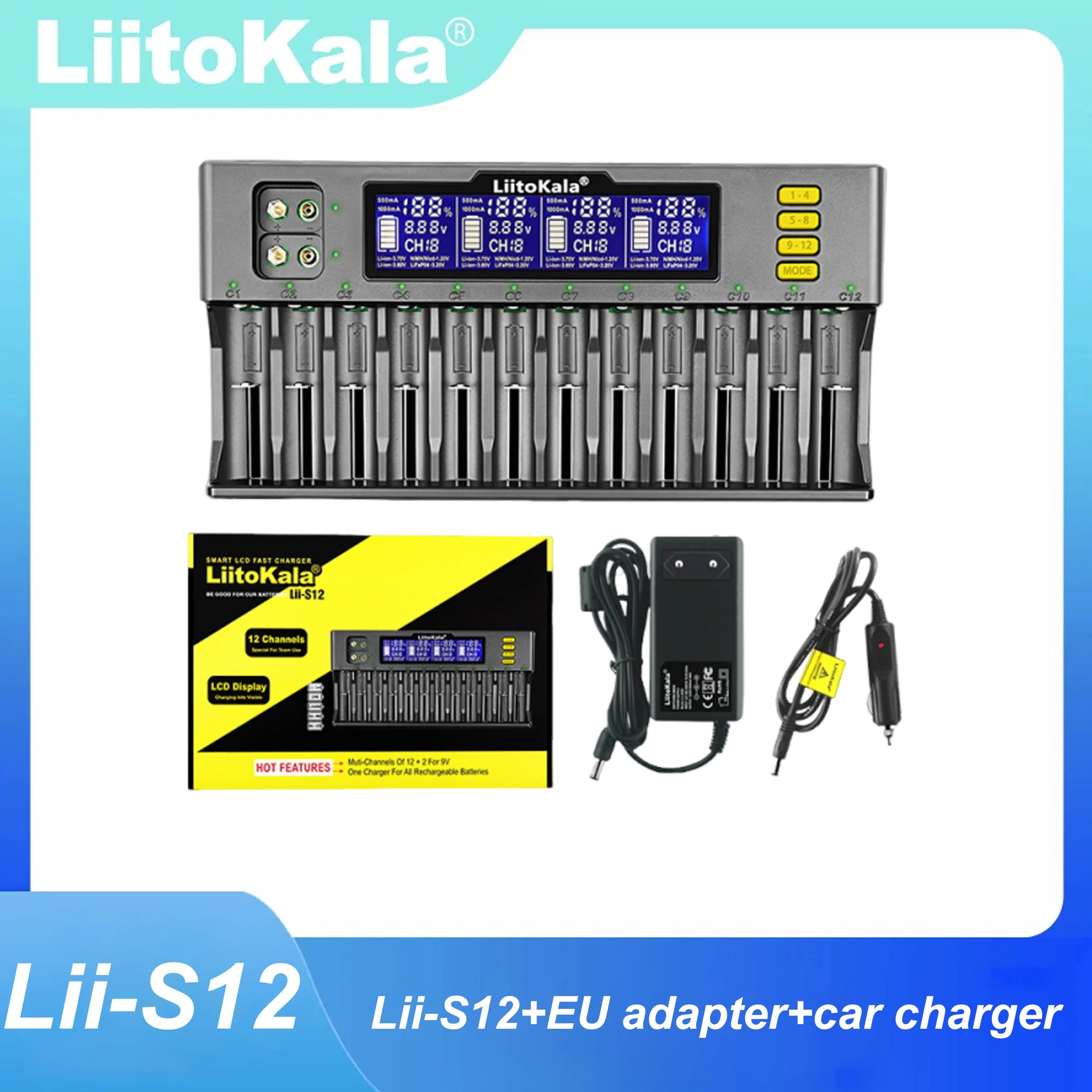 Multifunctional Battery Charger 12 Slot for Li-ion NiMH 9V Batteries - Universal