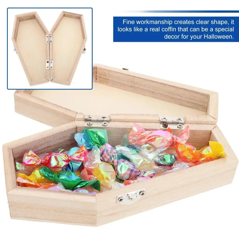 Halloween Wooden Coffin Box with Hinged Lid - Unfinished DIY Treat Container, Party Favors, Spooky Decor