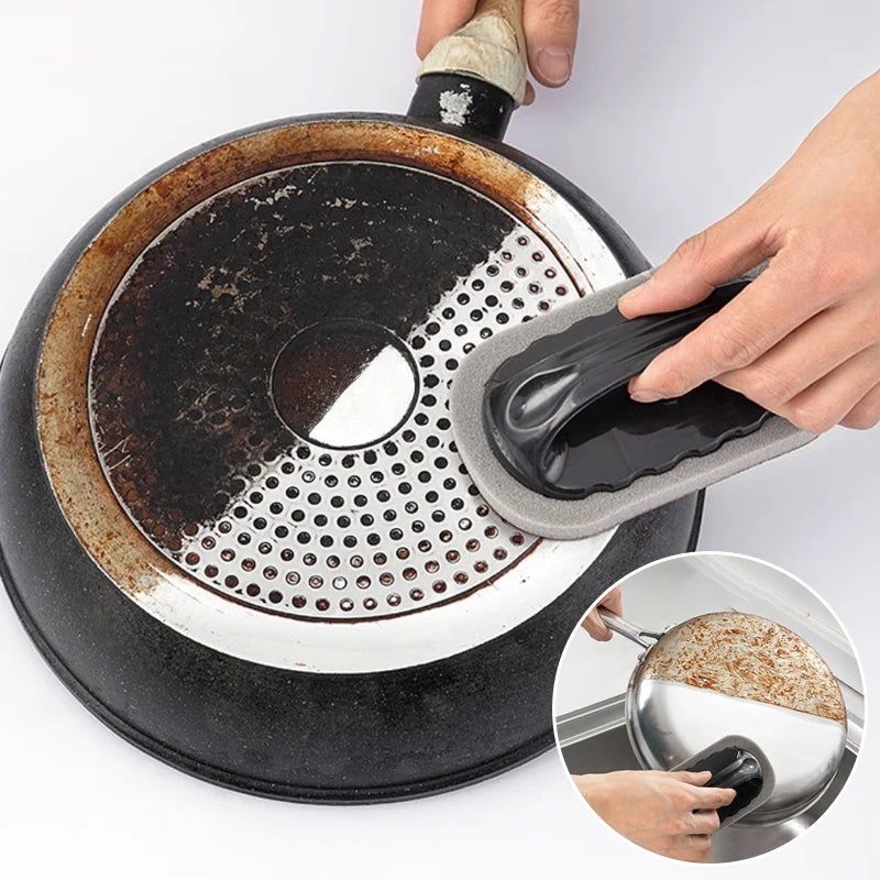 Multi-Purpose Emery Sponge Brush Cleaner with Handle - Kitchen & Bathroom Cleaning Tool