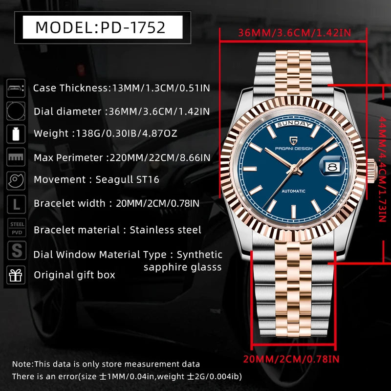 Luxury Automatic Men's Watch with Rose Gold Finish, Ceramic Dial & Sapphire Crystal