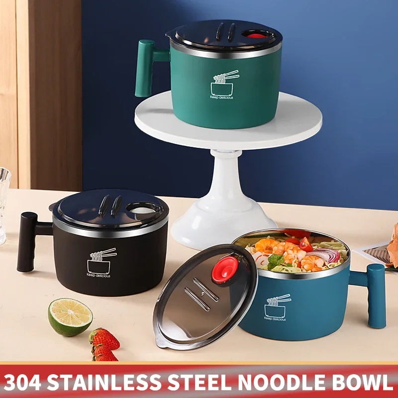 Stainless Steel Instant Noodle Bowl with Lid & Handle - 1000mL, Sealed & Portable Kitchen Drain Bowl