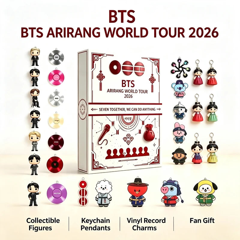 BTS Arirang World Tour 2026 Vinyl Record Keychain Set - BT21 Doll Pendant Collectible Gift
