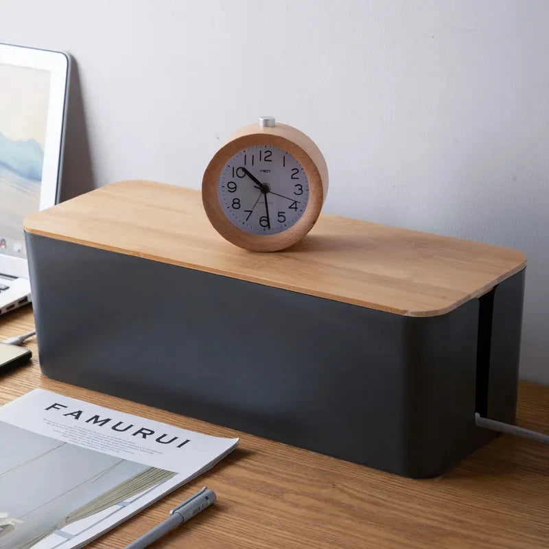 Wooden Cable Storage Box Organizer Dustproof Wire Case for Home & Office