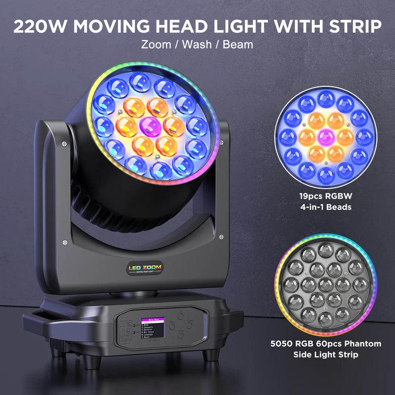 220W RGBW LED Moving Head Stage Lights with Zoom & Light Strip for DJ KTV Party