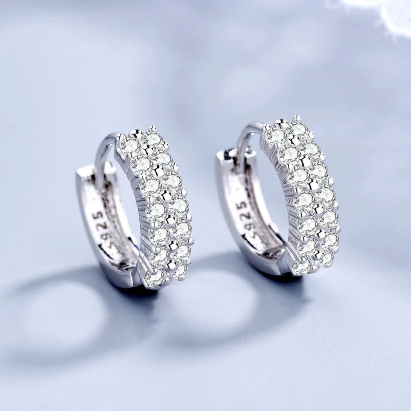 925 Sterling Silver Double Row Crystal Round Earrings for Women