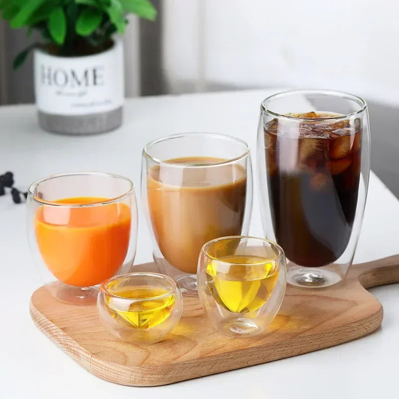 Heat Resistant Double Wall Glass Cups Set of Multiple Sizes for Coffee Tea Water