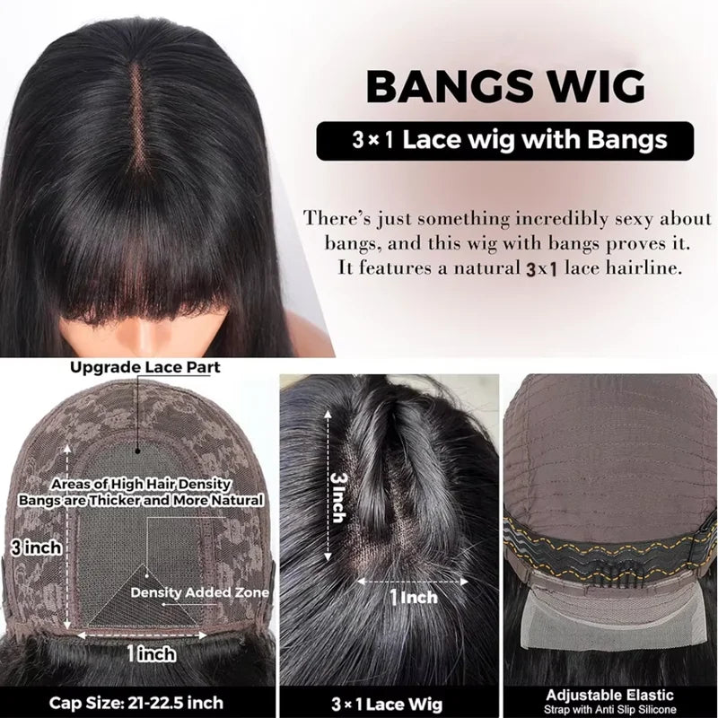 Short Bob Human Hair Wig with Bangs & Lace Middle Part - Natural Black