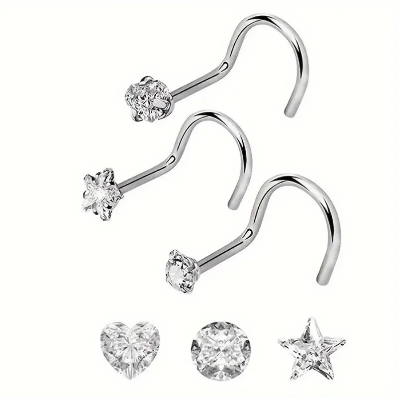 3-Piece Heart Star Zirconia Nose Stud Set - Stainless Steel Nostril Jewelry for Women Girls