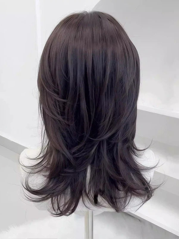 Synthetic Brown Black Medium Straight Wig with Bangs for Women - Natural Layered Style