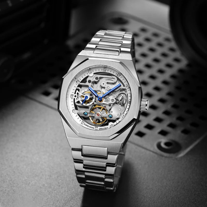 Men's Automatic Mechanical Watch with Luminous Hands and Stainless Steel Strap