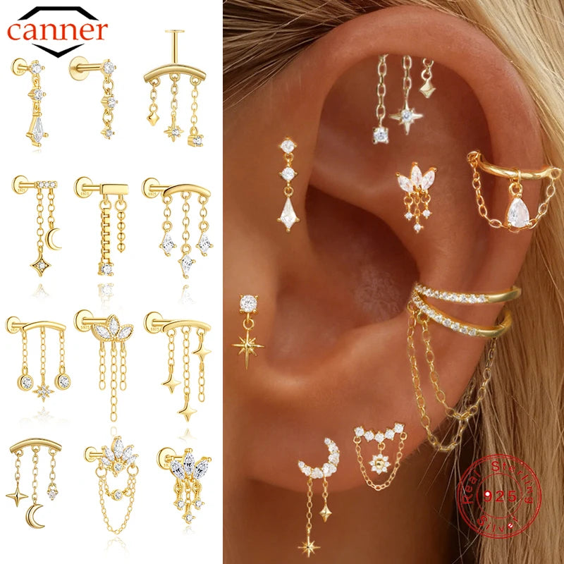 Sterling Silver CZ Star Ear Piercing Stud with Chain for Women - Fine Jewelry