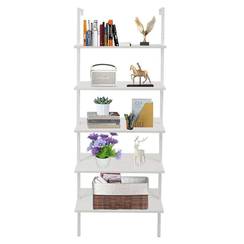 5-Tier Ladder Wall Shelf Storage Rack White Living Room & Study Organizer