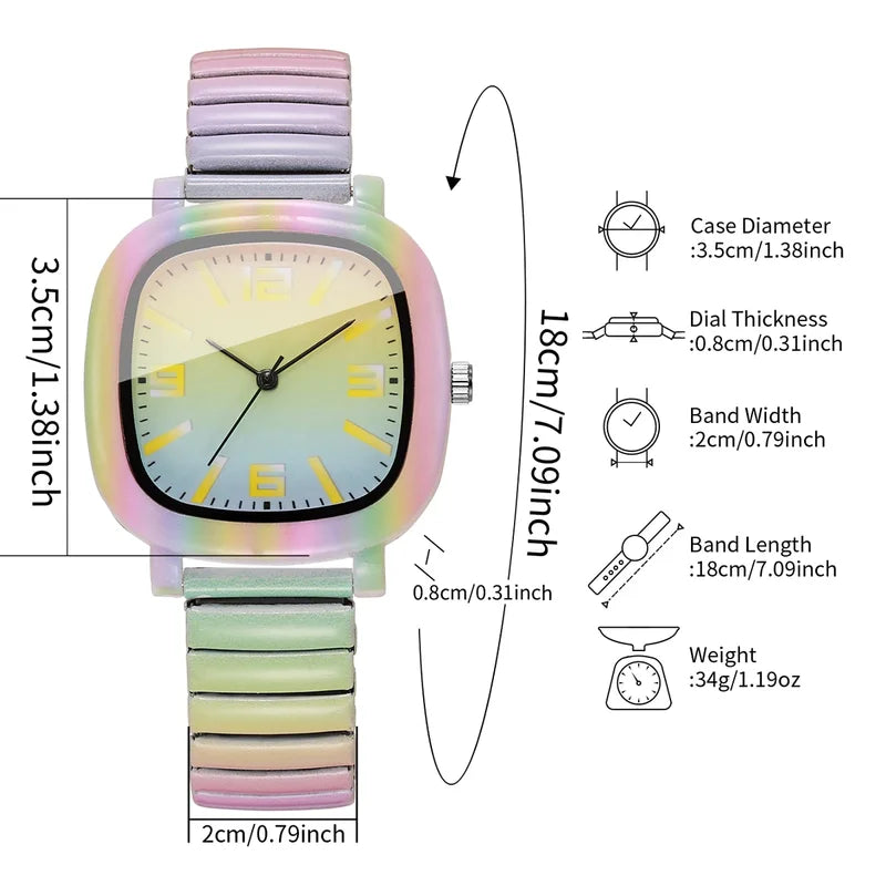 Rainbow Gradient Women Quartz Watch with Colorful Elastic Strap - Ladies Wristwatch