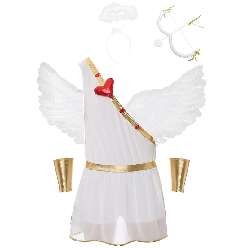 Angel Cosplay Costume Set for Women Men Halloween Valentine Party Dress Feather Wings