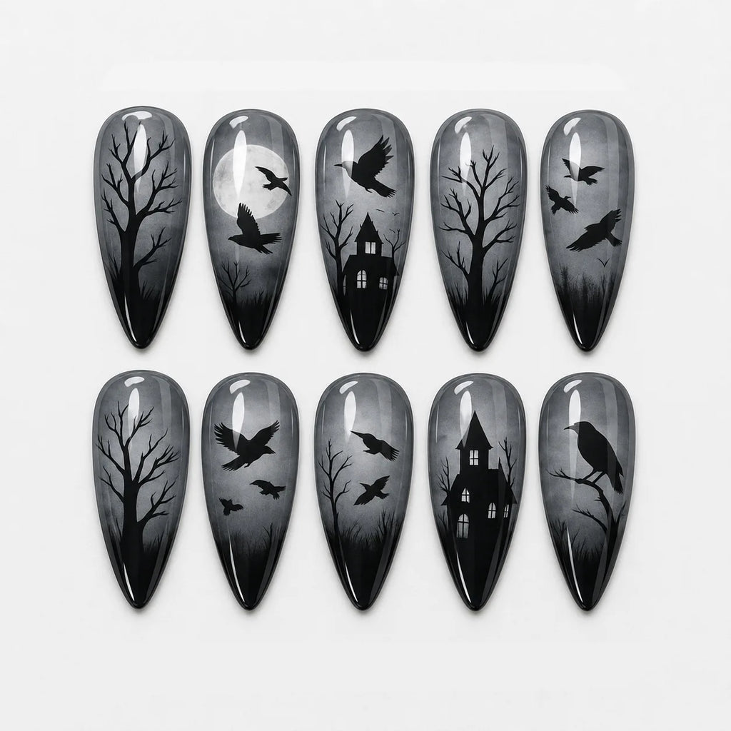 Halloween Press On Nails Set - Gothic Skeleton Skull Spider Web Black Cat Design