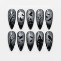 Halloween Press On Nails Set - Gothic Skeleton Skull Spider Web Black Cat Design