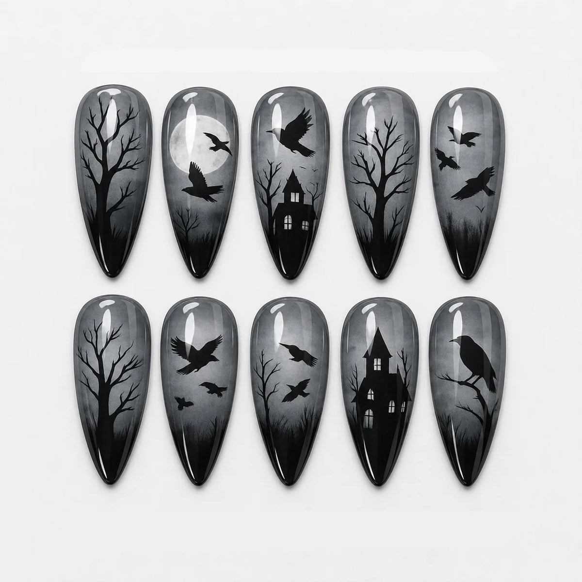 Halloween Press On Nails Set - Gothic Skeleton Skull Spider Web Black Cat Design