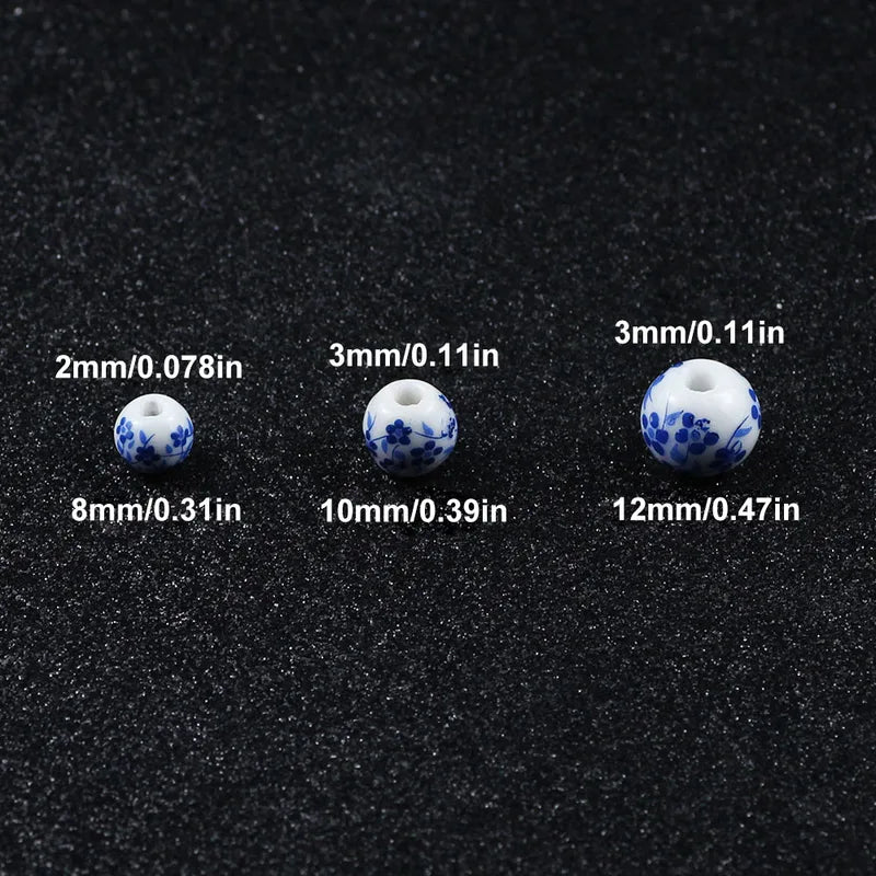 20pcs Vintage Blue and White Orchid Round Ceramic Beads for Jewelry Making