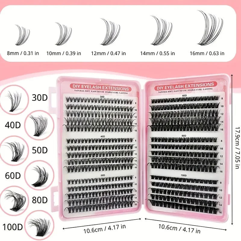 DIY Eyelash Extensions Clusters - Natural D Curl Mix, 8-16mm, Soft & Lightweight