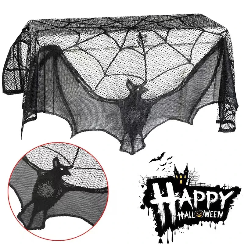 Halloween Lace Curtain Black Bat Spider Tablecloth Fireplace Mantel Cover Home Decor
