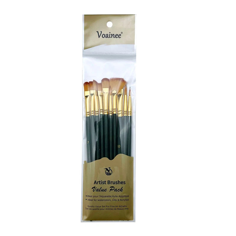 10pcs Watercolor Paint Brush Set with Wooden Handles for Art, Oil & Acrylic Painting