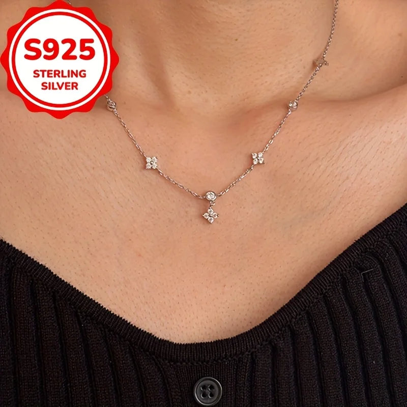 Sterling Silver Clover CZ Choker Necklace 14K Gold Plated Dainty Chain