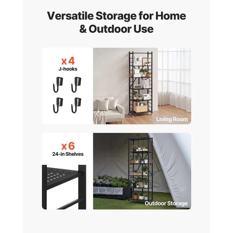 Foldable Mobile Storage Shelf with Wheels & Hooks, Space-Saving Organizer for Kitchen & Home
