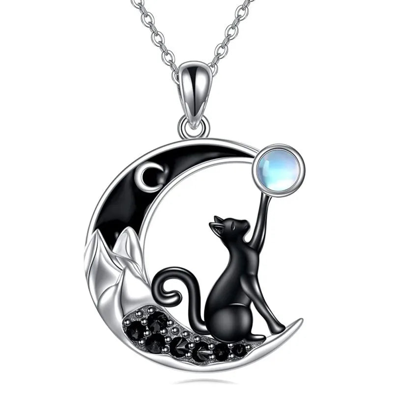 Black Cat Moon Pendant Necklace for Women - Cute Kitten Moonstone Choker Jewelry