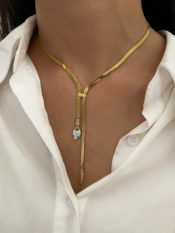Dainty Gold Plated Rhinestone Snake Chain Necklace with Tassel for Women