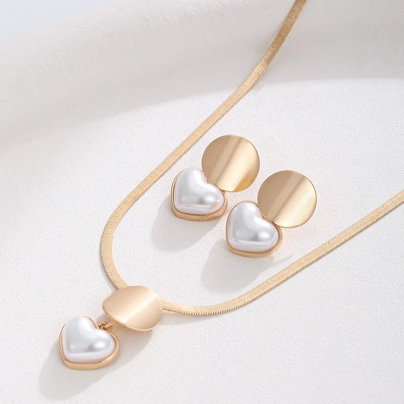 Heart Shaped Pearl Jewelry Set for Women - Earrings and Necklace