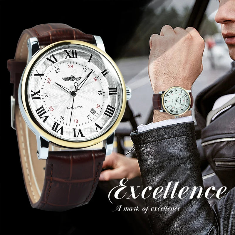 Men's Automatic Mechanical Watch with Leather Strap, Date Display, Minimalist Design