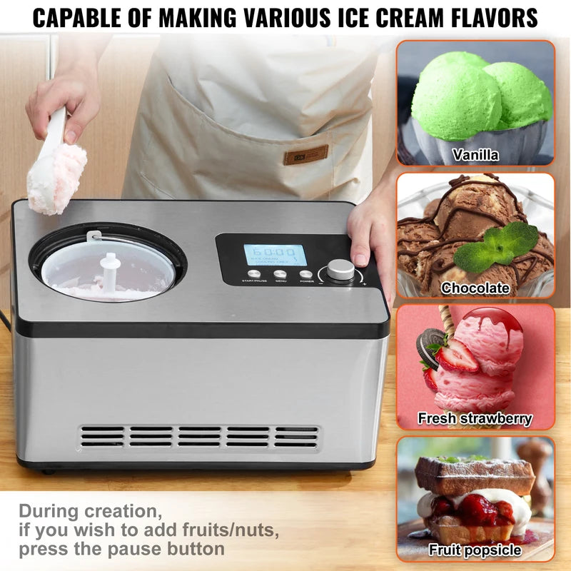 Automatic Ice Cream Maker 2QT with Built-in Compressor, No Pre-Freezing, Multiple Modes