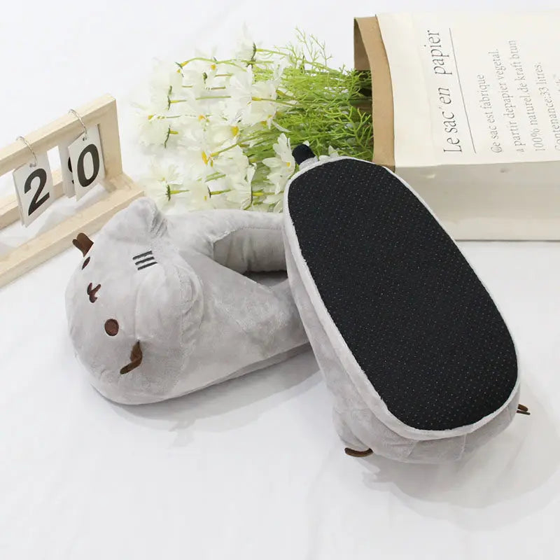 Gray Cat Slippers Cozy Indoor Footwear for Men Women - Fluffy Autumn Winter Gift
