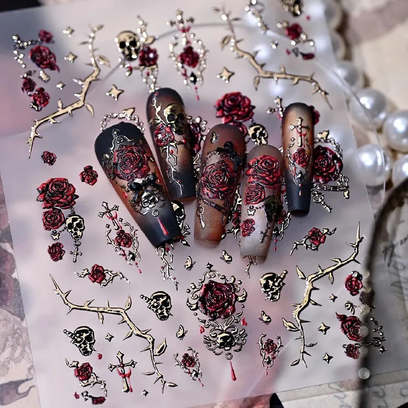 Bronzing Gold Skull & Blood Rose Nail Decals Set - Self-Adhesive Halloween Nail Art