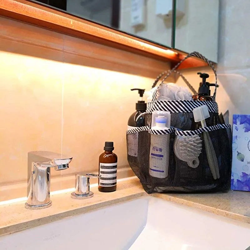 Mesh Shower Caddy Tote with 8 Pockets and Handles for Bathroom & College Use