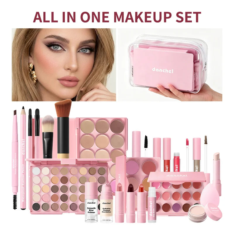 All-in-One Makeup Kit with Face Palette Lip Blush Contour Eye Shadow & Brushes
