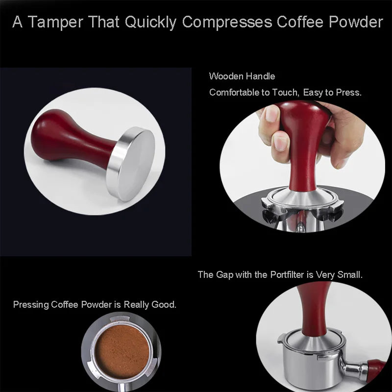 Coffee Tamper with Flat Base and Wooden Handle | Adjustable Sizes 51mm-58mm