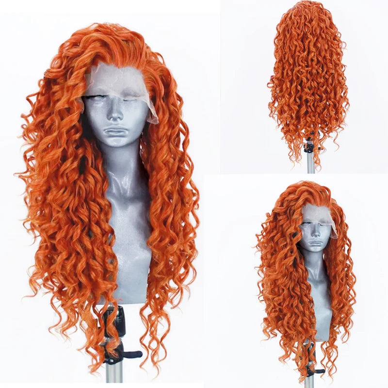 Orange Lace Front Wigs for Women Curly Synthetic Heat Resistant Hair Cosplay