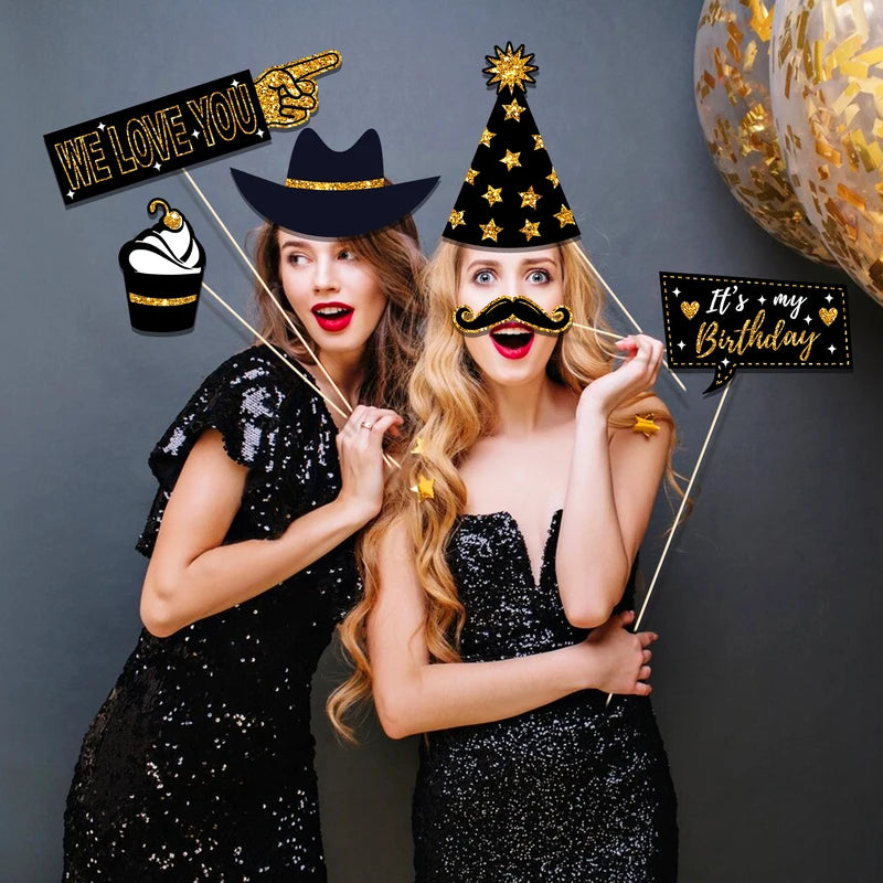 36PCS Happy Birthday Photo Booth Props Set with Shimmer Powder & Fun Glasses - DIY Party Accessories