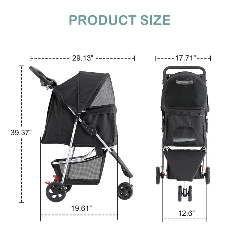 Foldable Pet Stroller for Small Dogs Cats - 3 Wheels, Mesh Windows, Storage
