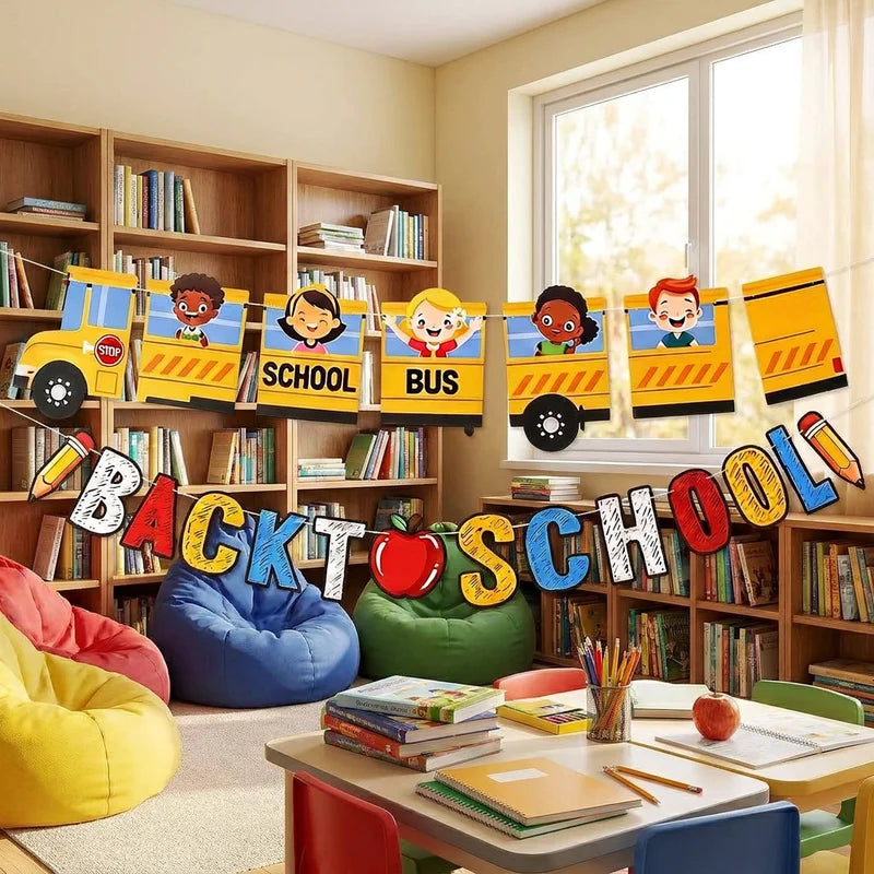 Back to School Classroom Decoration Sign with School Bus Banner and Apple Pencil - Kindergarten Graduation Decor