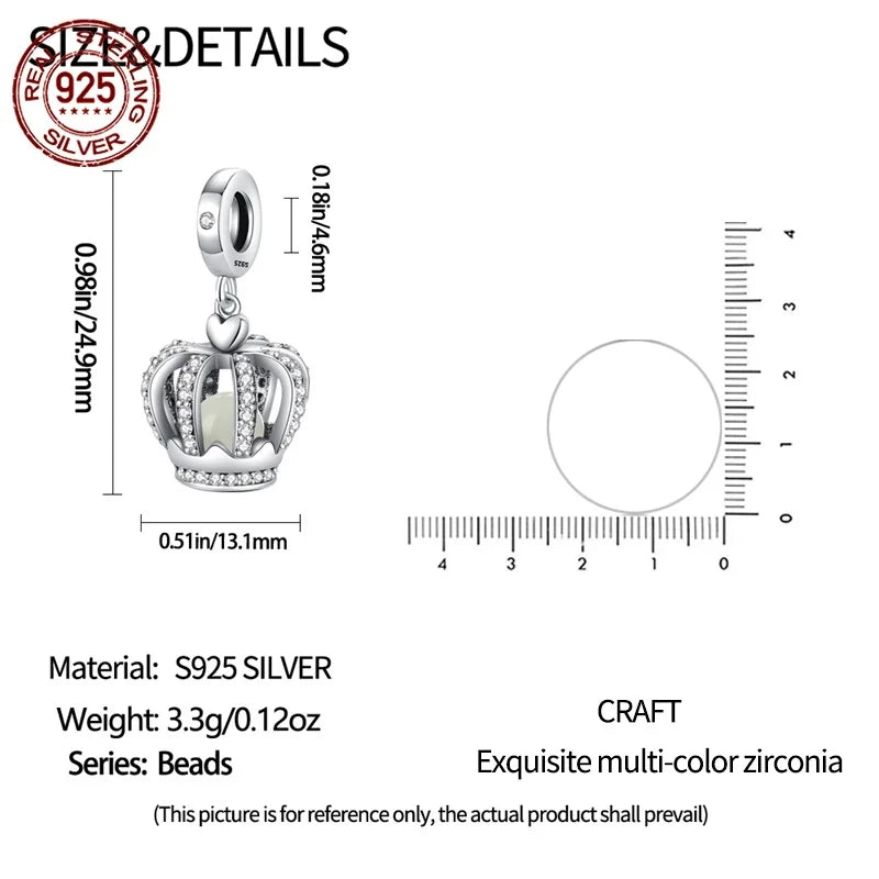 925 Sterling Silver Luminous Crown Charm Beads for DIY Jewelry Bracelets & Necklaces