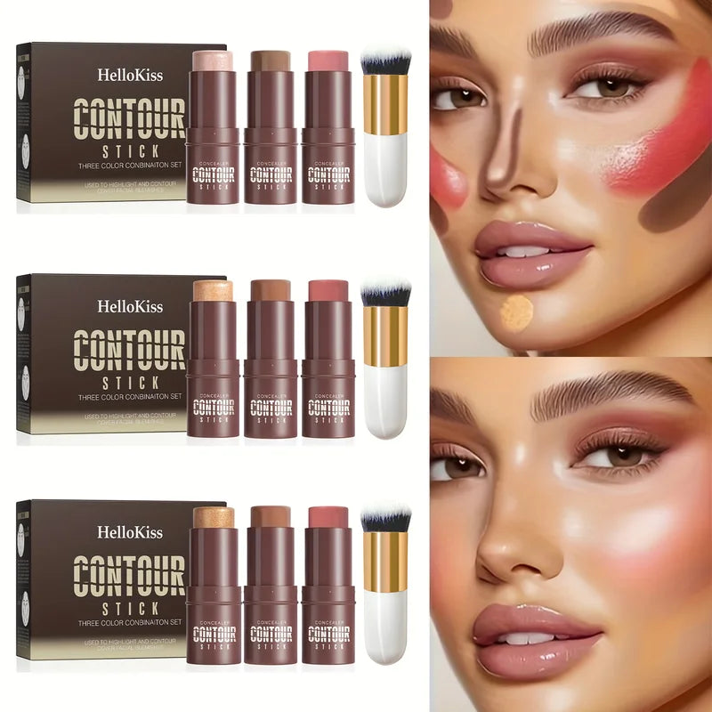 4-Piece Cream Contour and Blush Stick Kit with Contour Brush - Non-Greasy Face Makeup