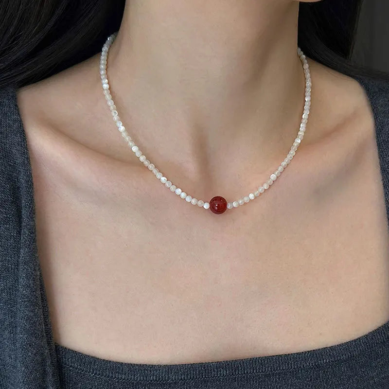 French Silver Water Wave Chain with Red Agate Beads Heart Pendant for Women