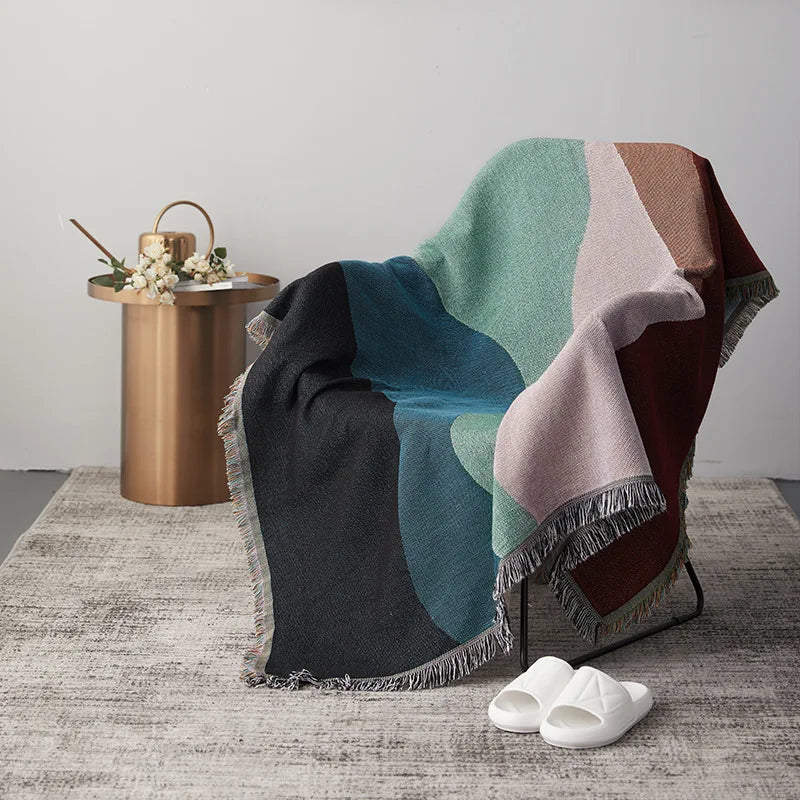 Boho Abstract Wave Woven Throw Blanket - Color Block Fringed Sofa Cover & Tapestry