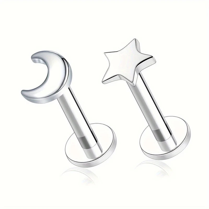 2pcs Stainless Steel Body Piercing Jewelry Star Heart Moon Lip & Nose Studs