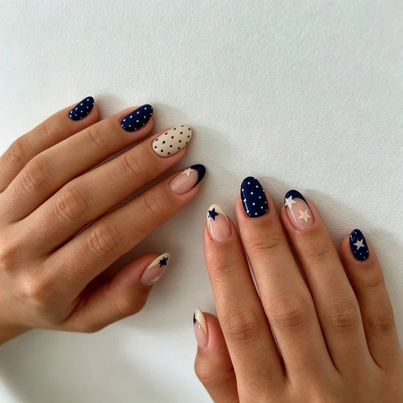 24pcs Oval Star Polka Dot Nail Stickers Set with Nail File & Jelly Gel - Nail Art Decor