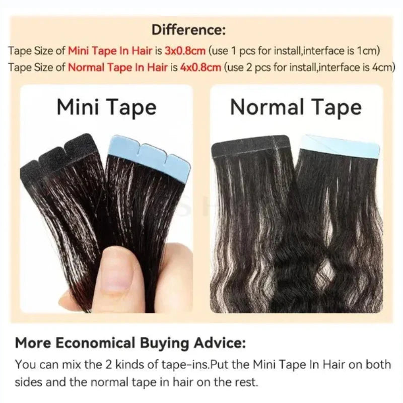 Mini Tape-in Hair Extensions 3x0.8cm Natural Human Hair, Invisible Adhesive, 10pcs Set